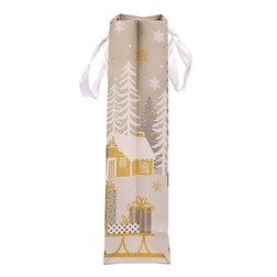 Taška papírová na víno - zimní krajina se sáňkami.