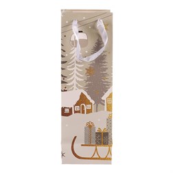 Taška papírová na víno - zimní krajina se sáňkami.