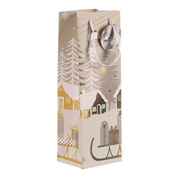 Taška papírová na víno - zimní krajina se sáňkami.