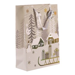 Taška dárková papírová - zimní krajina se sáňkami, malá.
