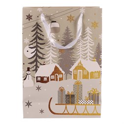 Taška dárková papírová - zimní krajina se sáňkami, malá.