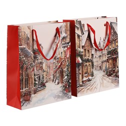 Taška dárková papírová - Vánoce v městečku, mix 2 druhů, střední, cena za 1 ks.