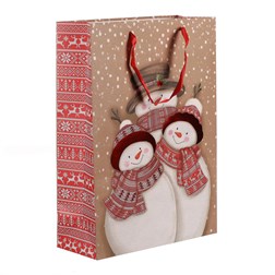 Taška dárková papírová - rodinka sněhuláků, střední velikost.