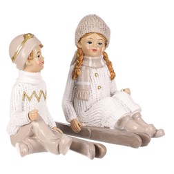 Chlapec a dívka s lyžemi, sedící - polyresin, béžoví, cena za 1 ks