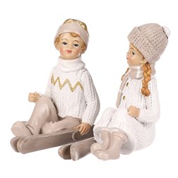 Chlapec a dívka s lyžemi, sedící - polyresin, béžoví, cena za 1 ks