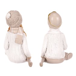 Chlapec a dívka s lyžemi, sedící - polyresin, béžoví, cena za 1 ks