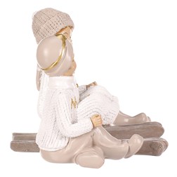 Chlapec a dívka s lyžemi, sedící - polyresin, béžoví, cena za 1 ks
