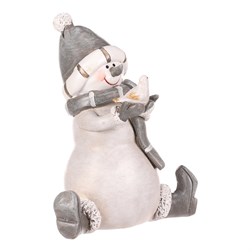 Sněhulák - polyresiová figurka, sedící, šedý obleček a čepka