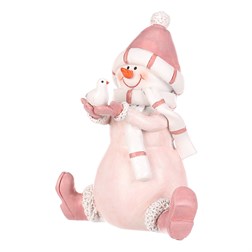 Sněhulák - polyresiová figurka, sedící, růžový obleček a čepka