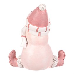 Sněhulák - polyresiová figurka, sedící, růžový obleček a čepka