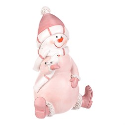 Sněhulák - polyresiová figurka, sedící, růžový obleček a čepka