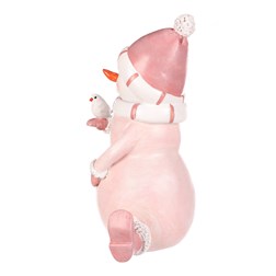 Sněhulák - polyresiová figurka, sedící, růžový obleček a čepka