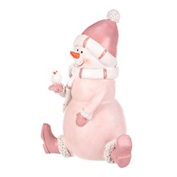 Sněhulák - polyresiová figurka, sedící, růžový obleček a čepka