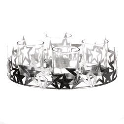 Svícen adventní se sklíčky - kovový, stříbrné hvězdy