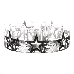 Svícen adventní se sklíčky - kovový, stříbrné hvězdy