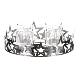 Svícen adventní se sklíčky - kovový, stříbrné hvězdy