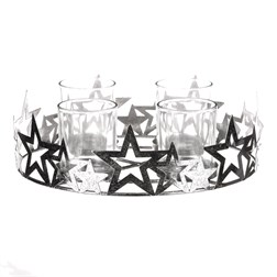 Svícen adventní se sklíčky - kovový, stříbrné hvězdy