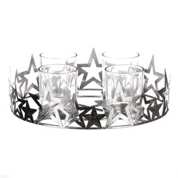 Svícen adventní se sklíčky - kovový, stříbrné hvězdy